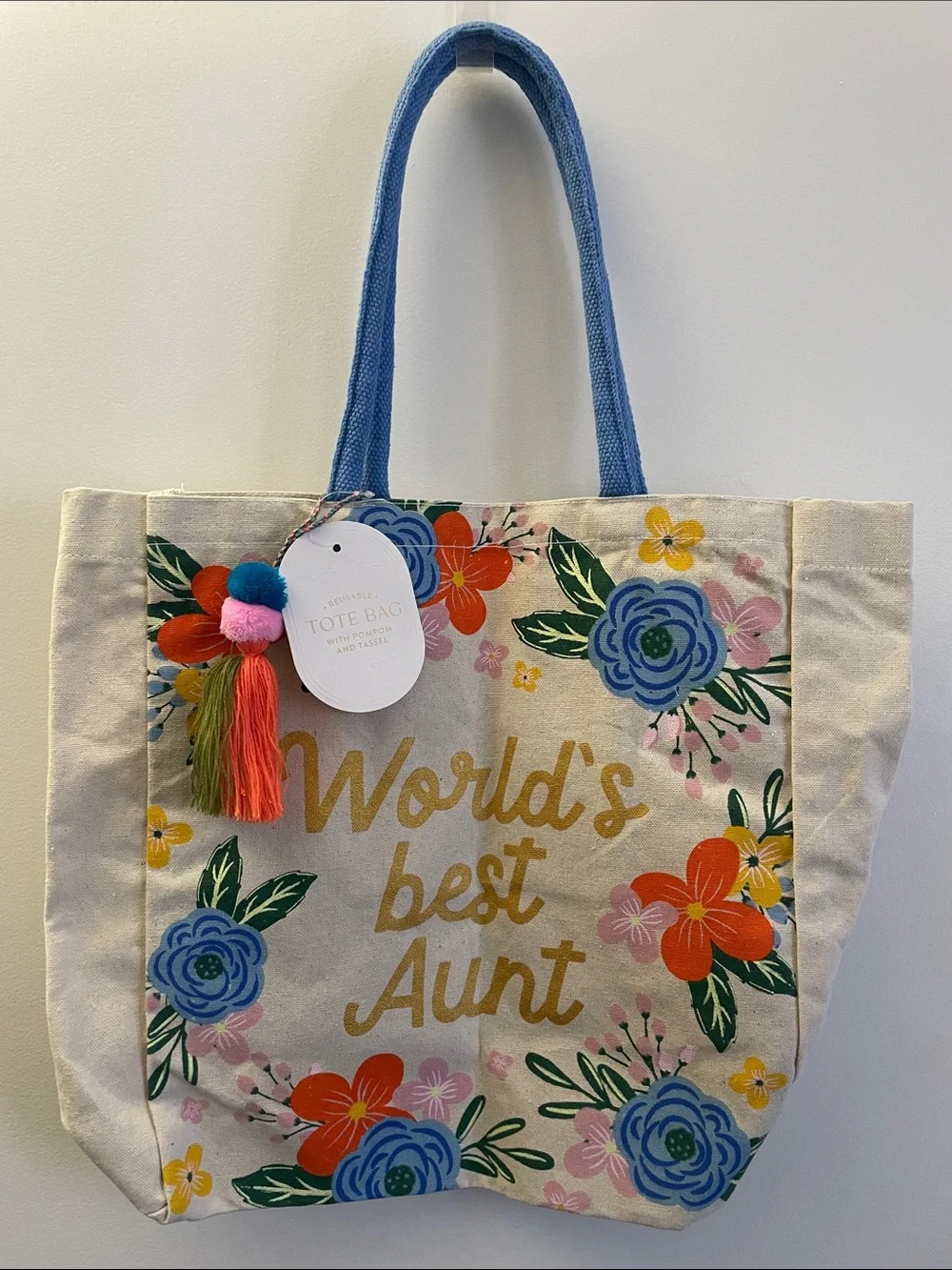 Eccolo Natural Canvas Tote with Blue Handles and Floral Accents